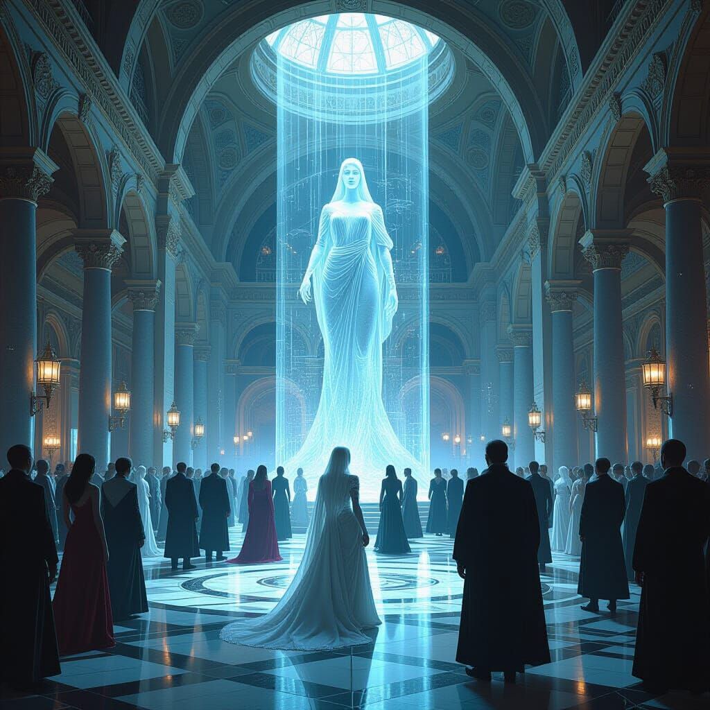 Historical Figures Meet AI in Dystopian Art Nouveau Style