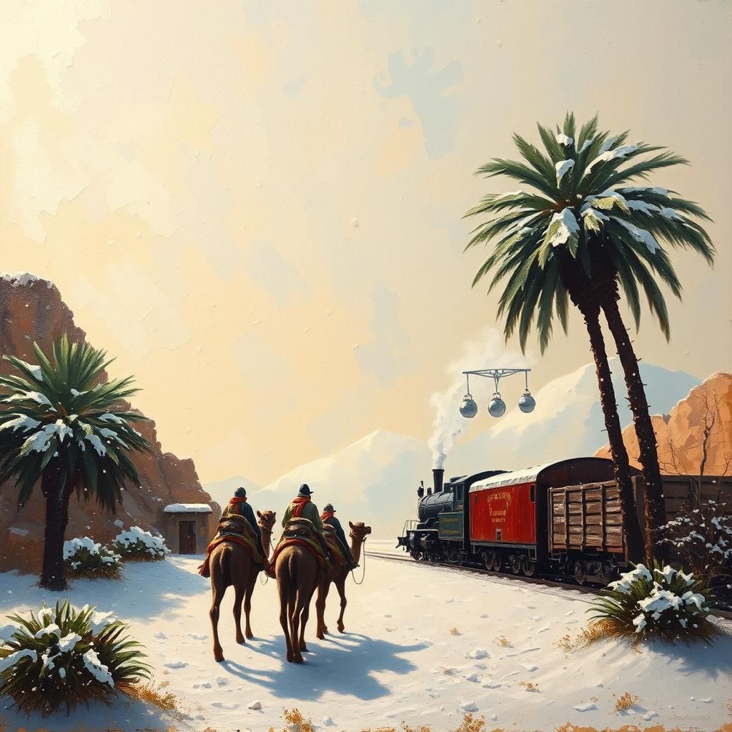 Surreal Oasis: Camel Caravan and Steam Locomotive