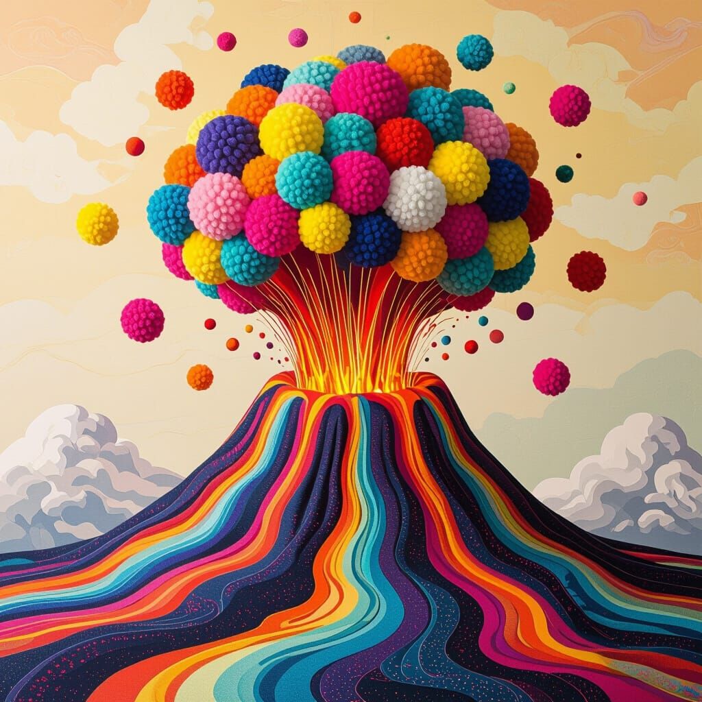 Fabric Volcano Eruption in Pop Surrealist Style