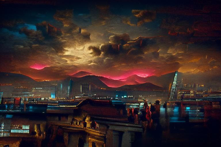 Cyberpunk Dystopian Skyscrapers with Fiery Red Sky