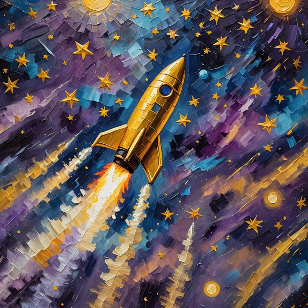 Golden Rocket Soaring in Starry Night, Impasto Oil