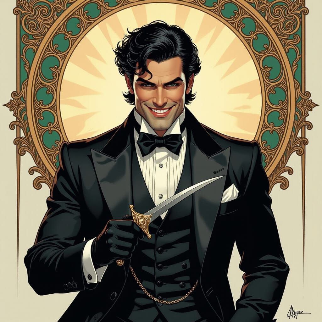 Charismatic Assassin with Hidden Dagger in Digital Noir Styl...