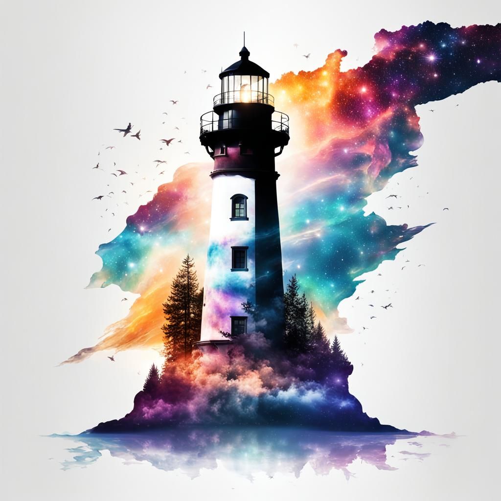 Nebula Lighthouse Double Exposure in Silhouette