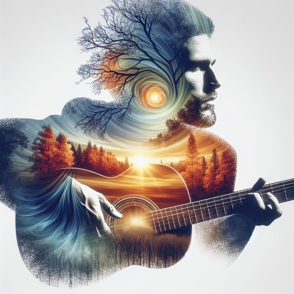 Surrealist Guitarist in Double Exposure Harmony