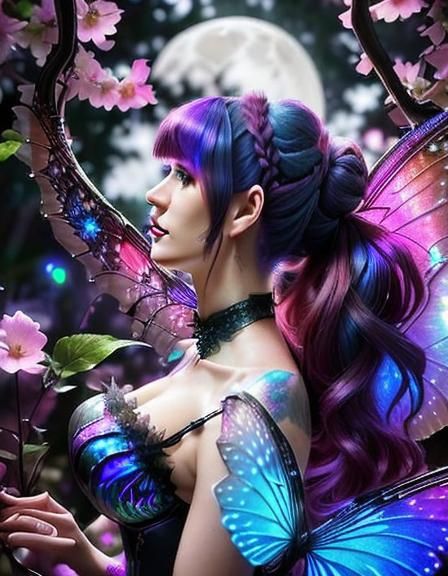 Gothic Pixie Gazing at Neon Moon: Fantasy Art