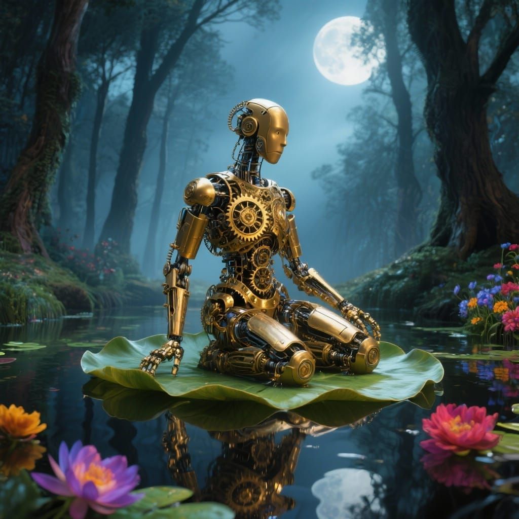 Robot on Lily Pad in Enchanted Forest