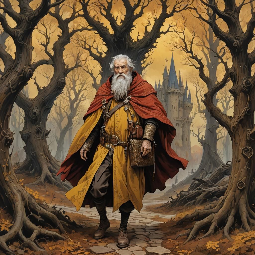 Mystic Forest Wanderer in Haunting Surrealism Style