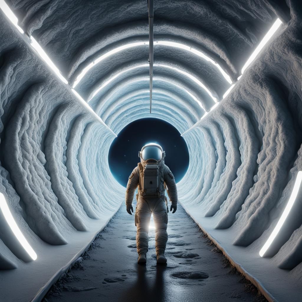 Astronaut Enters Lunar Ice Tunnel: Detailed Matte Painting