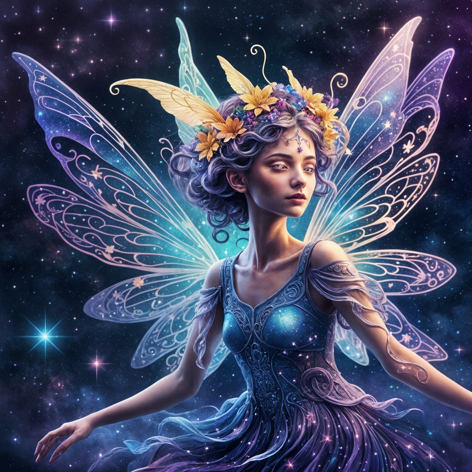 Whimsical Cosmic Fairy in Holographic Illustration