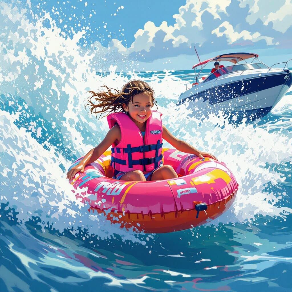 Girl Tubing Behind Boat in Dynamic Style