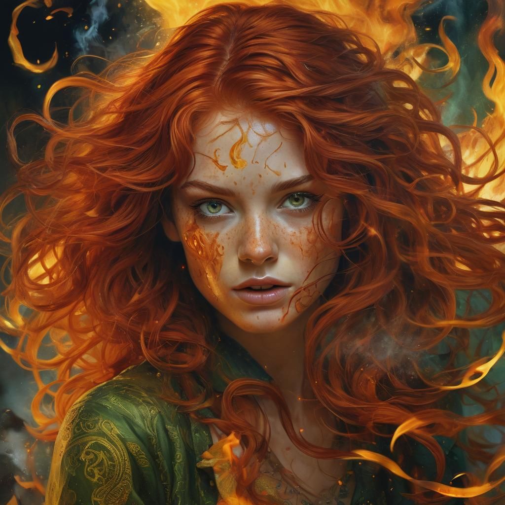 Fiery Portrait of a Redhead Woman as Splash Art