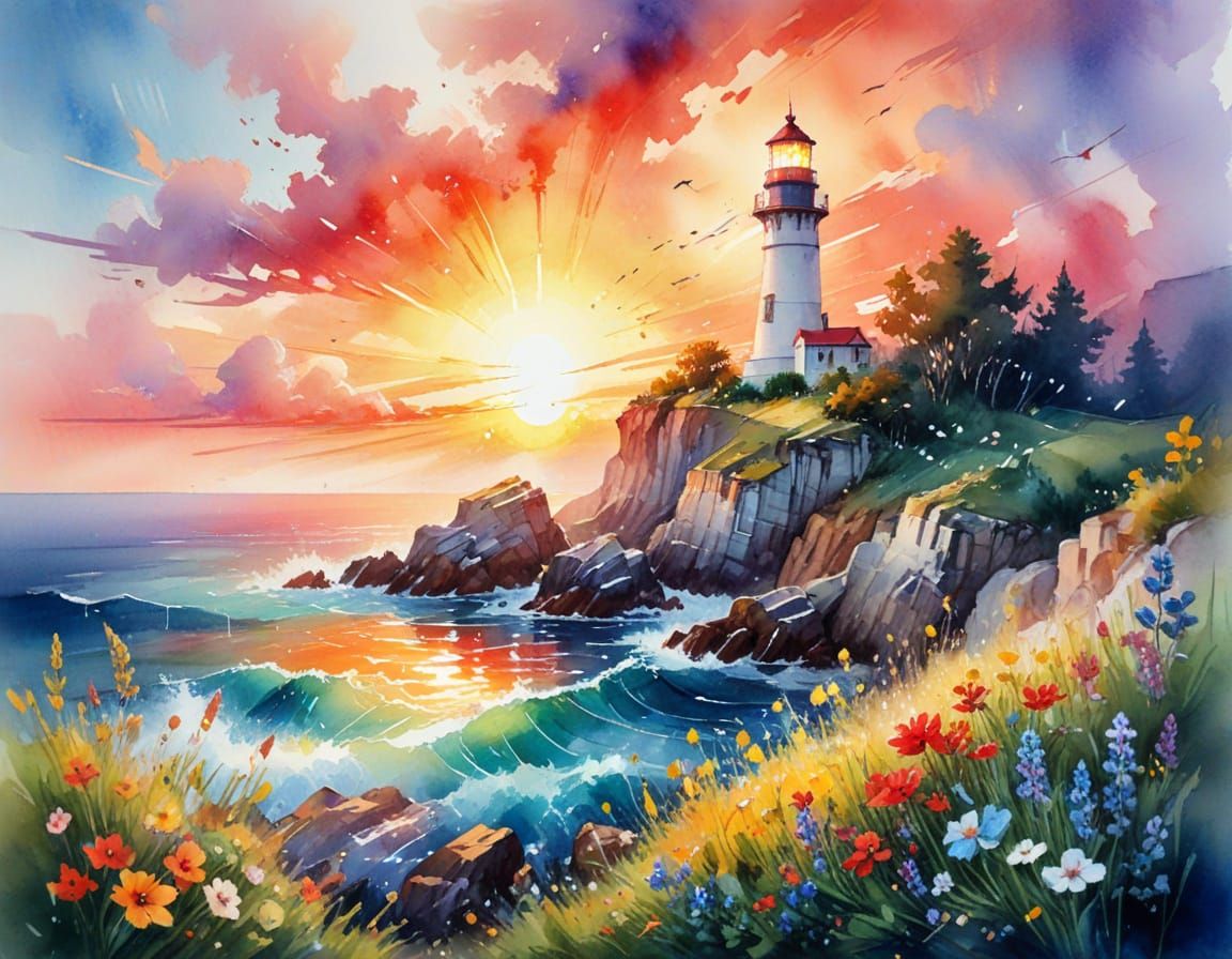 Neo-Impressionist Lighthouse at Sunset Seascape