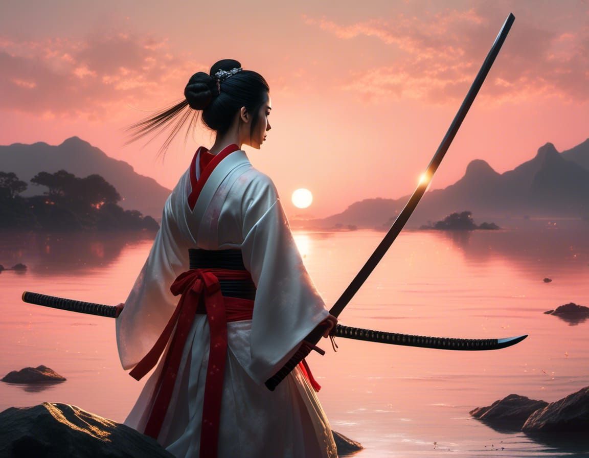 Samurai Woman in White Kimono at Sunset, Realistic