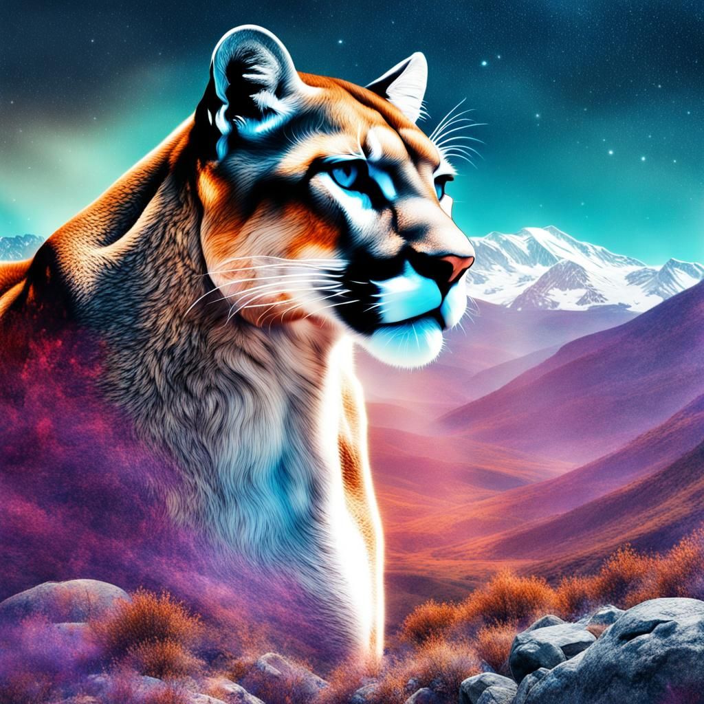 Astral Mountain Lion Double Exposure in Mixed Media