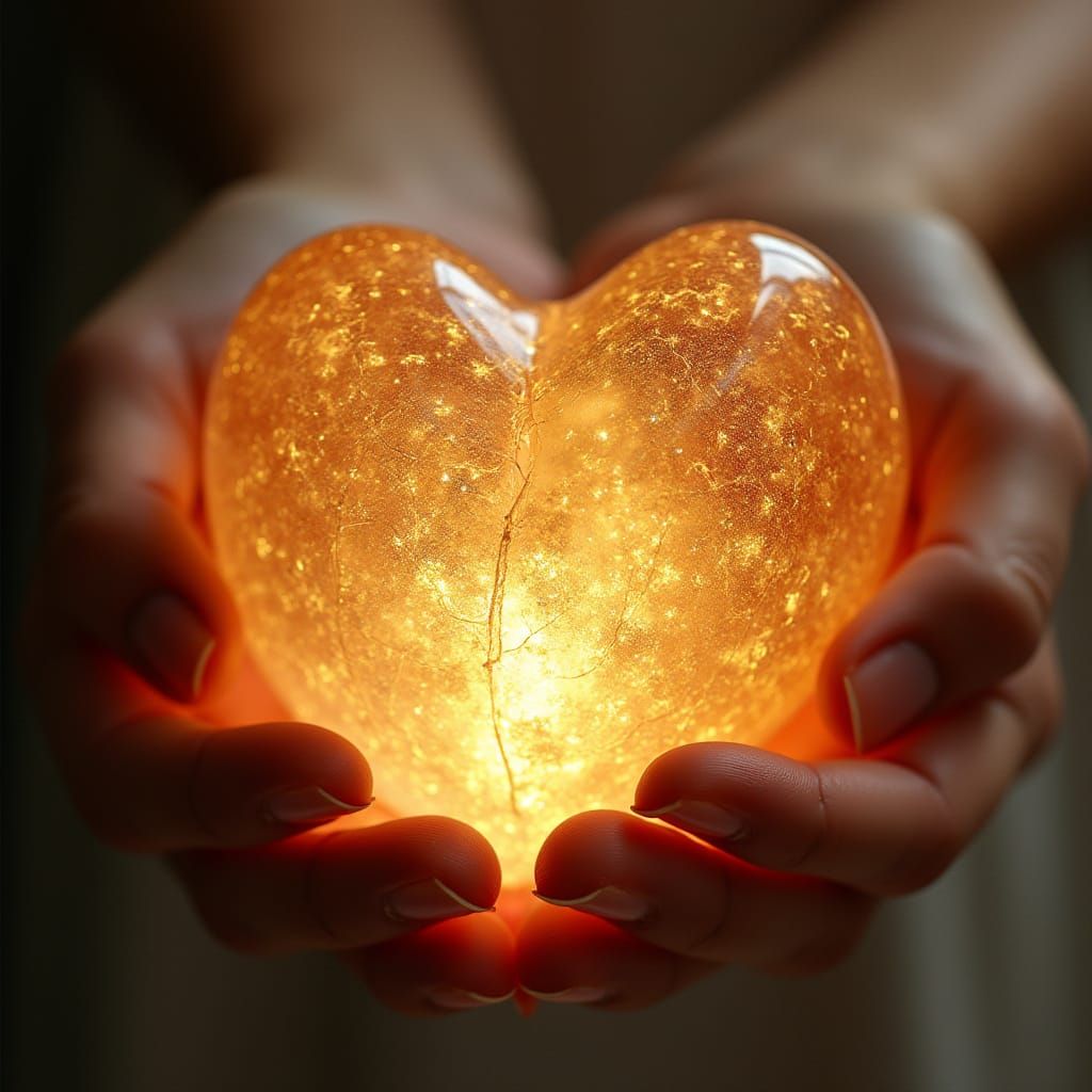 Transparent Glass Heart in Golden Light