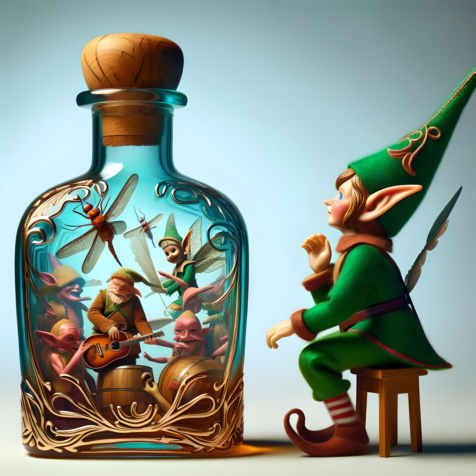 Elf Trapped in Rum Bottle: Surreal Photorealistic Scene