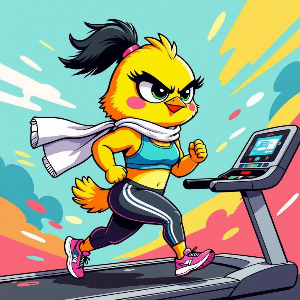 Grumpy Chick Runs on Treadmill in Vibrant Style