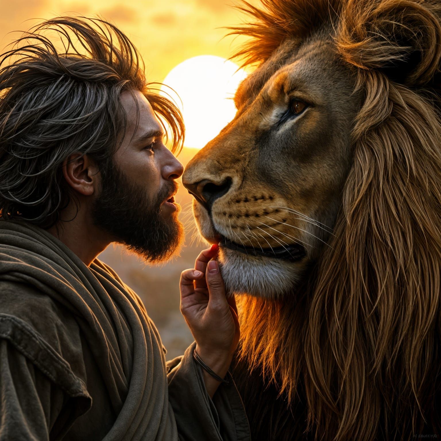 Man Kissing Lion's Snout in Fantastical Realism