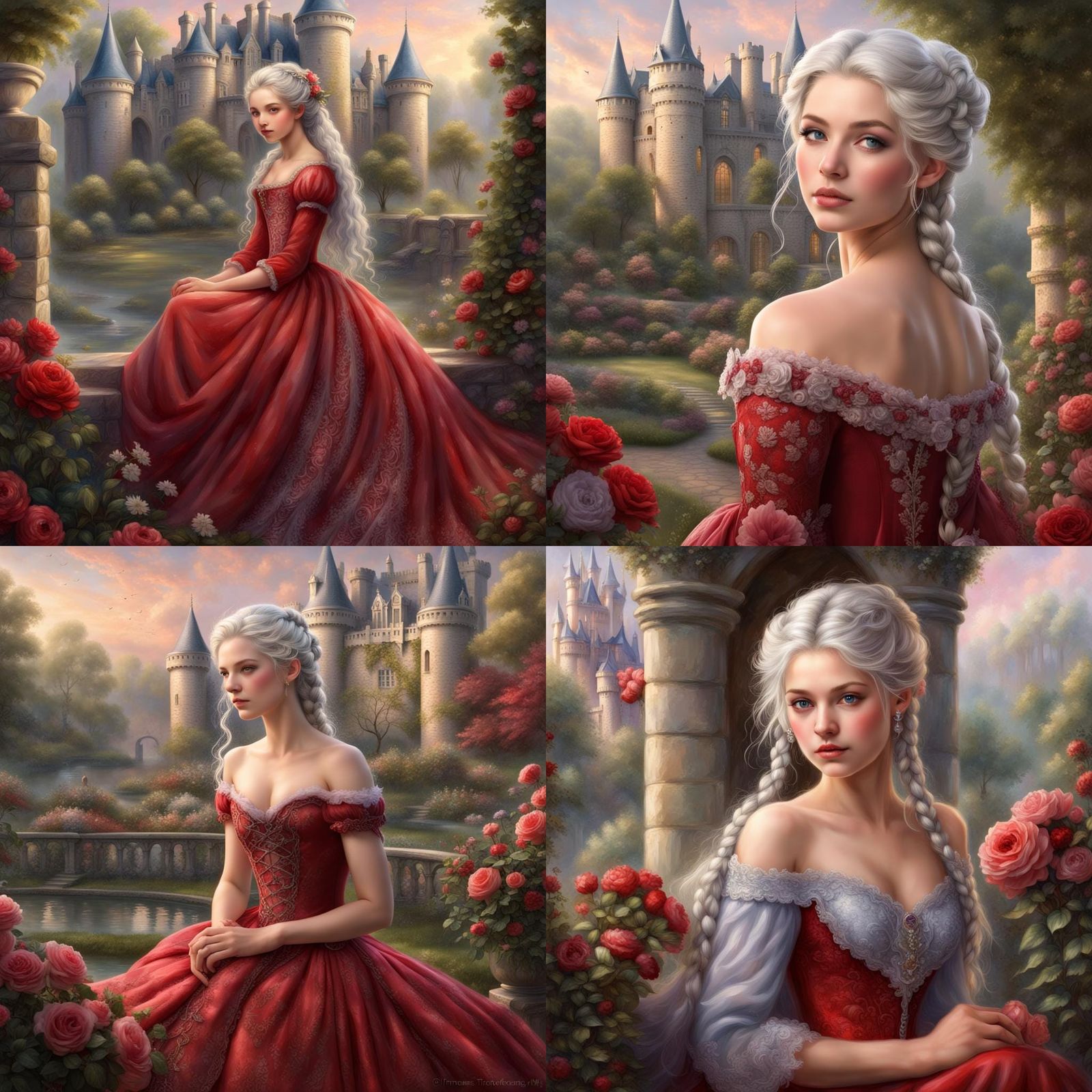 Silver-Haired Girl in Red Regency Gown