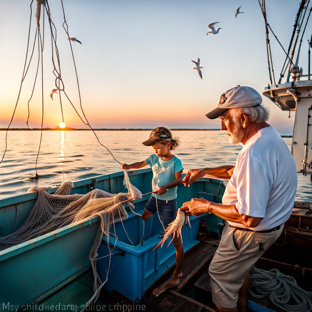 Old shrimpboat captain teaching his granddaughter how to pull in the haul of shrimp and fish in the nets. Large white sh...