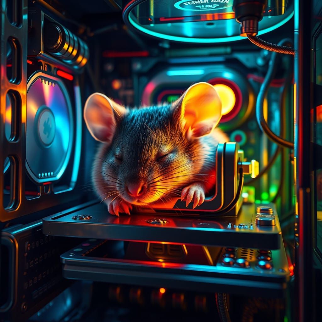 Hyperrealistic Mouse in Futuristic Computer Haven