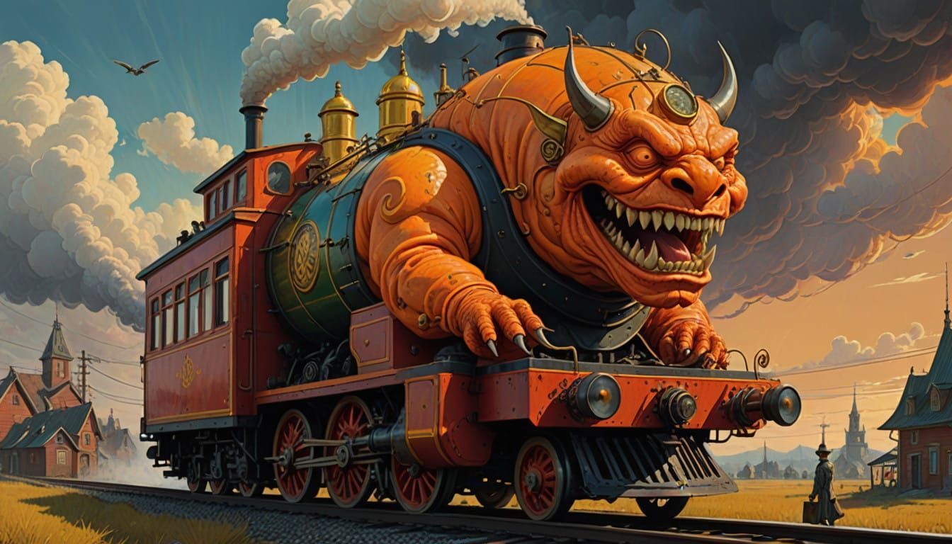 Happy Demon Rides Miniature Train in Vibrant, Hyperrealistic...