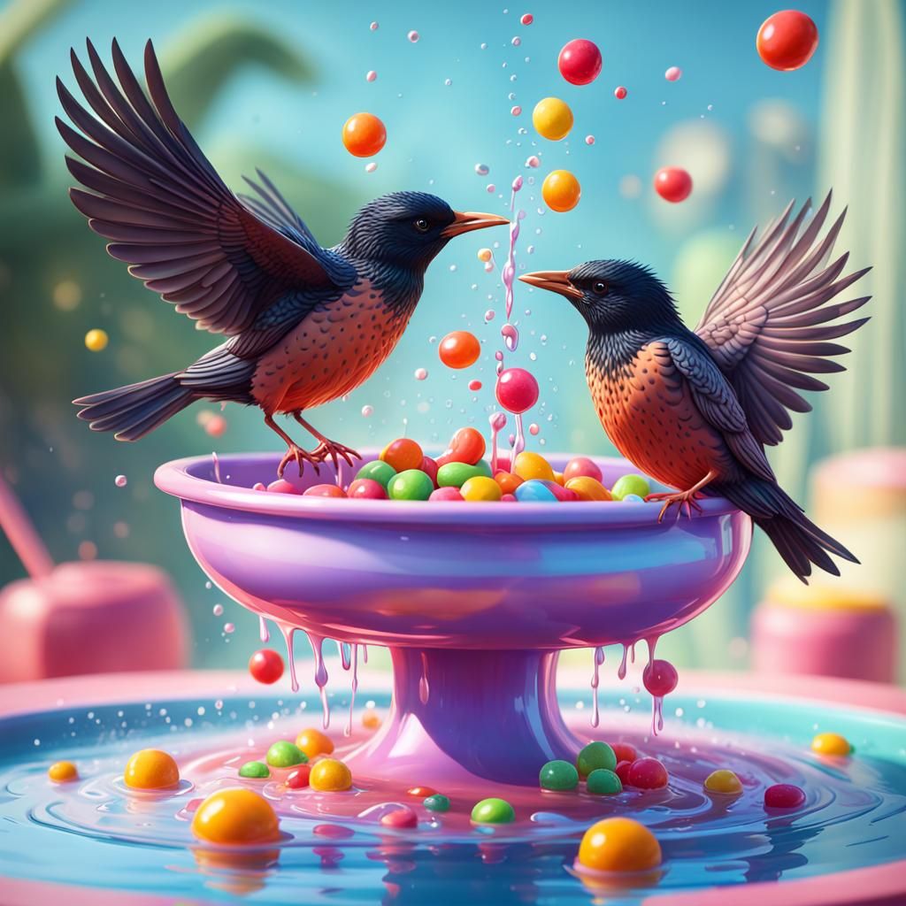 Starlings Splashing: Candy Art Style Digital Illustration