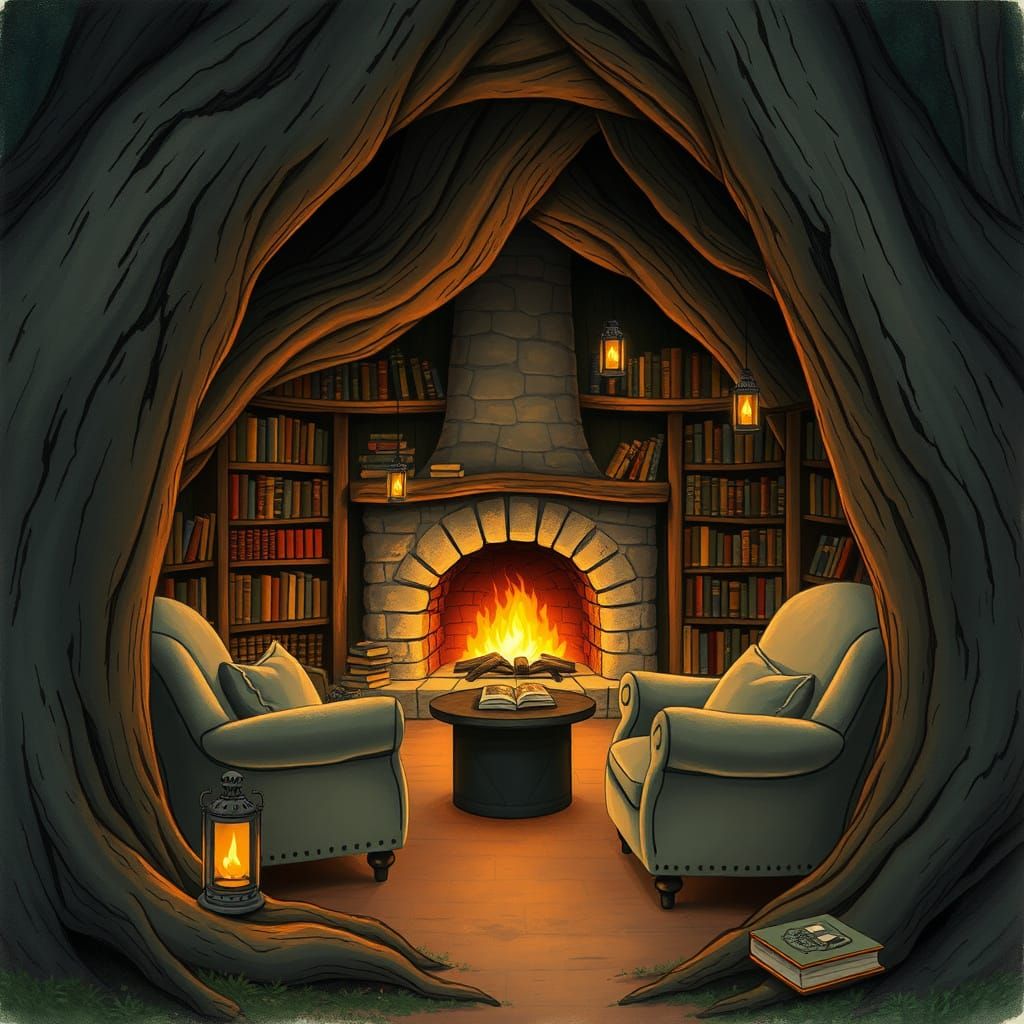 Cozy Tree Reading Nook with Fireplace and Books