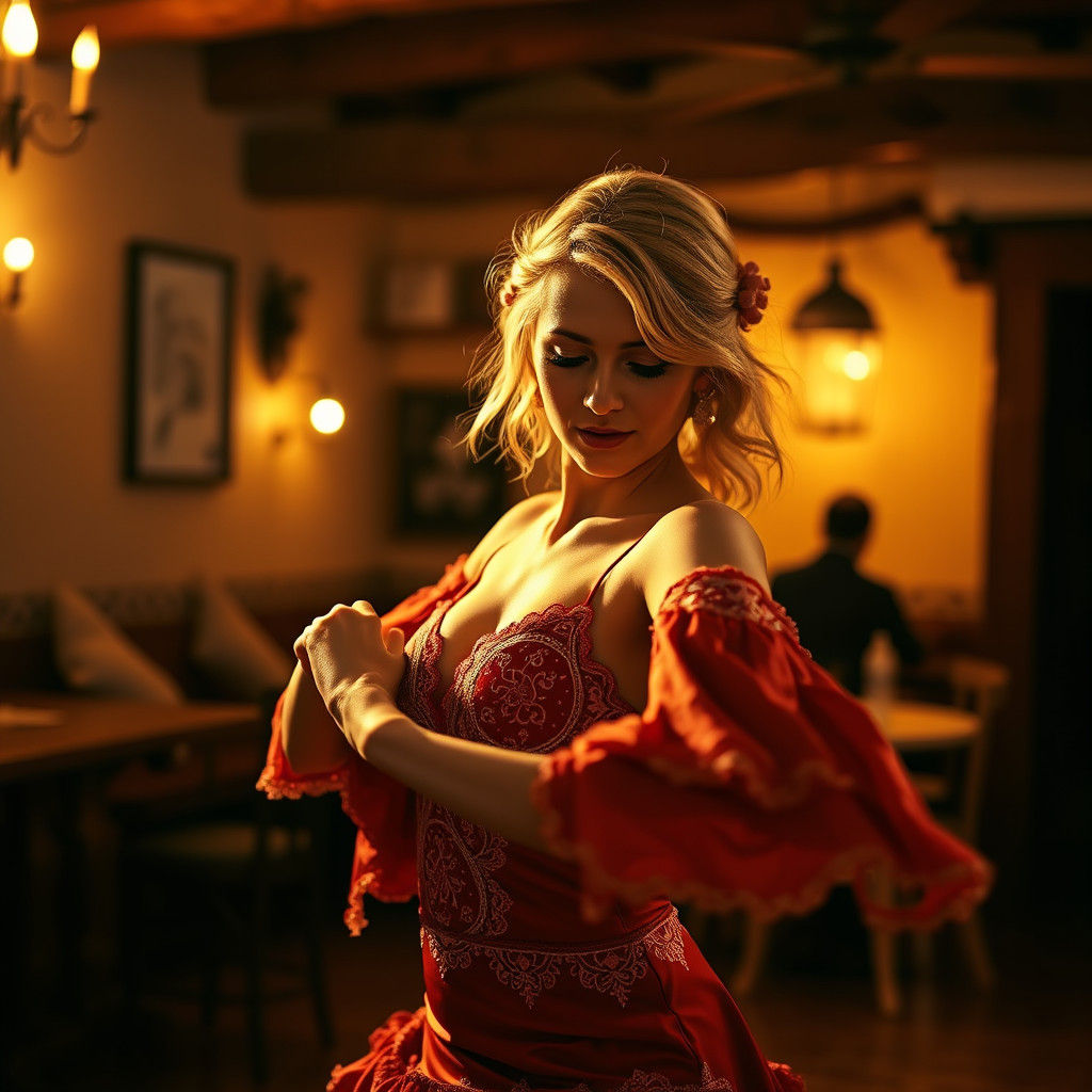 Blonde flamenco girl dancing in a flamenco tablao in my mother's village