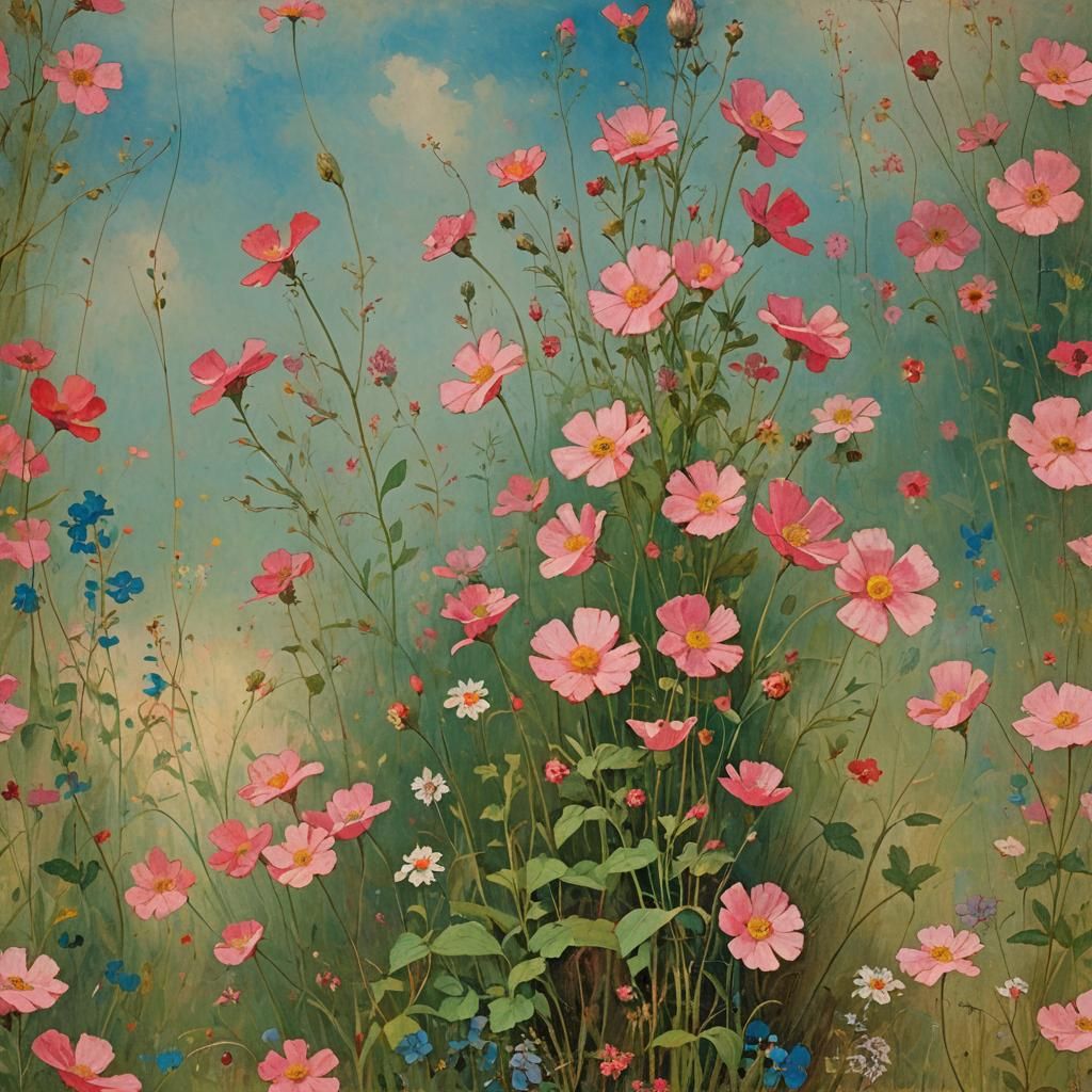 Pink Wildflowers in Symbolist Style