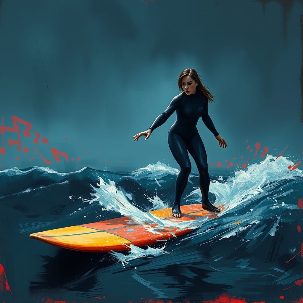 Mysterious Surfing Woman on a Dark Ominous Shore