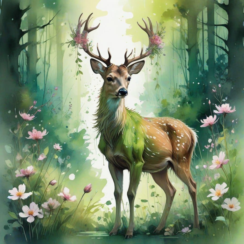 Enchanted Forest Glade with Deer in Watercolor