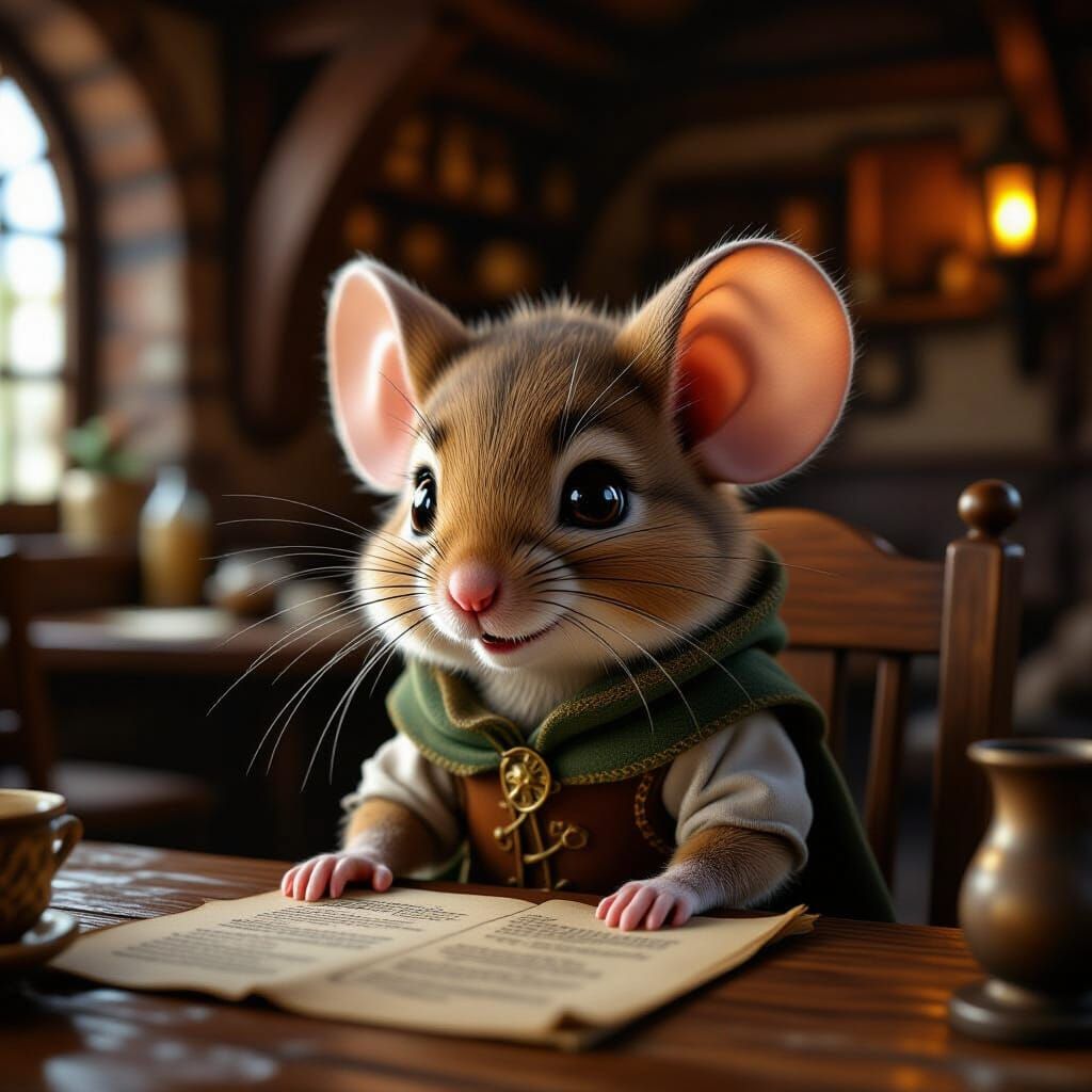 Cute Mouse Character in Detailed Medieval Tavern Portrait