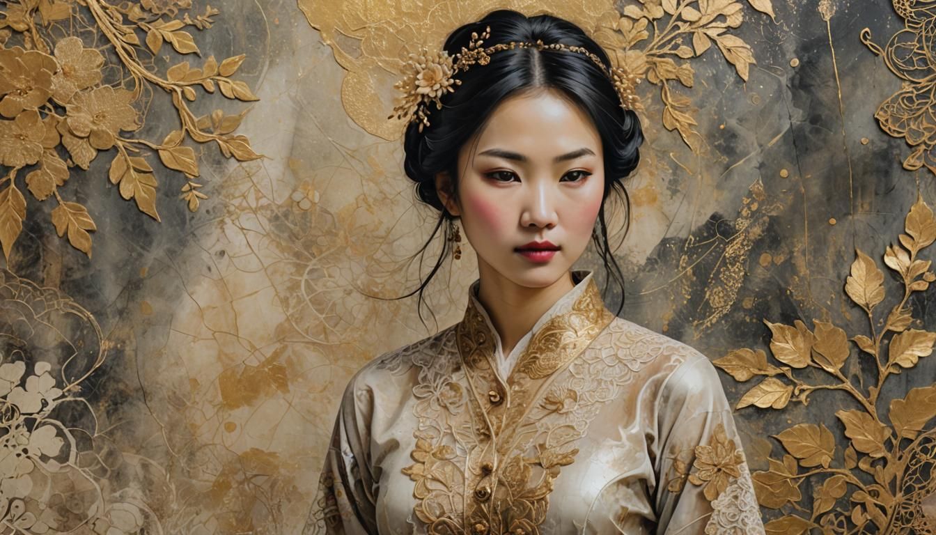 Mixed Media Portrait with Gold Filigree Accents