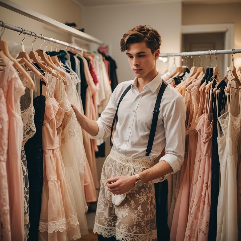 Boy Crossdressing Chooses Dress: Conceptual Portrait