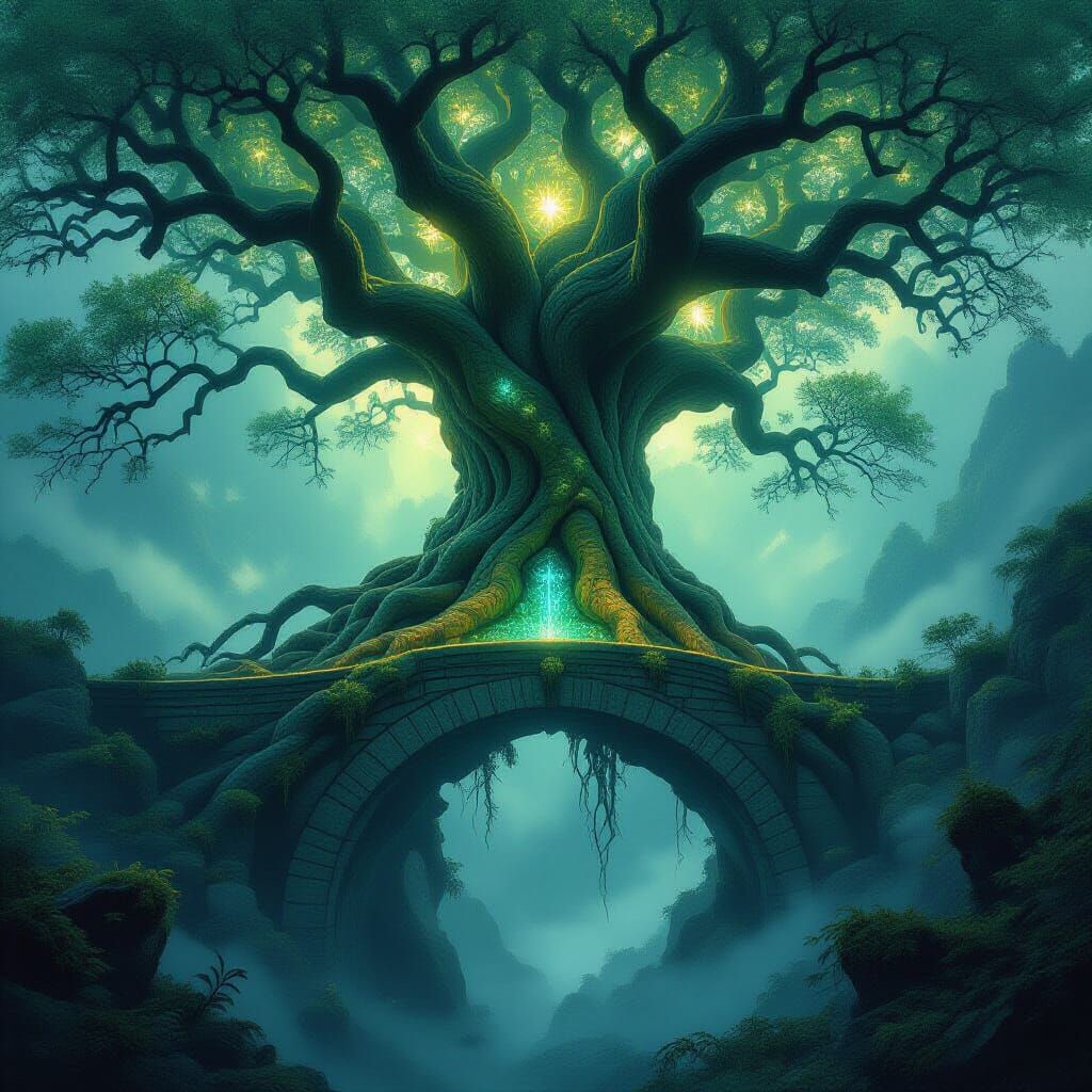 Ancient Tree Roots Form Stone Bridge Over Misty Chasm