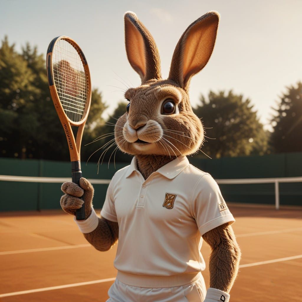 Anthropomorphic Rabbit Ready to Play Tennis