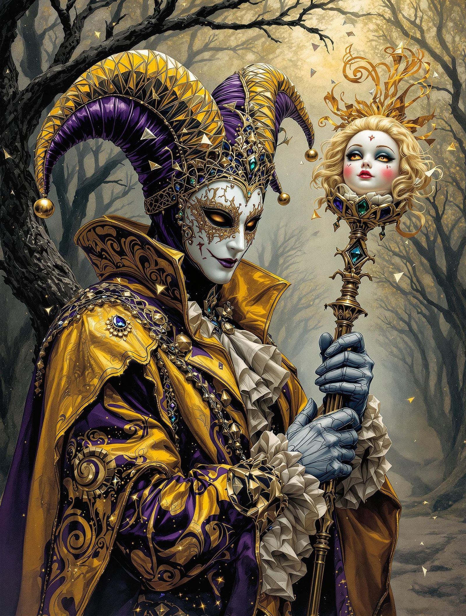 Majestic Jester Triumphs in Dreamlike Nocturnal Orchard