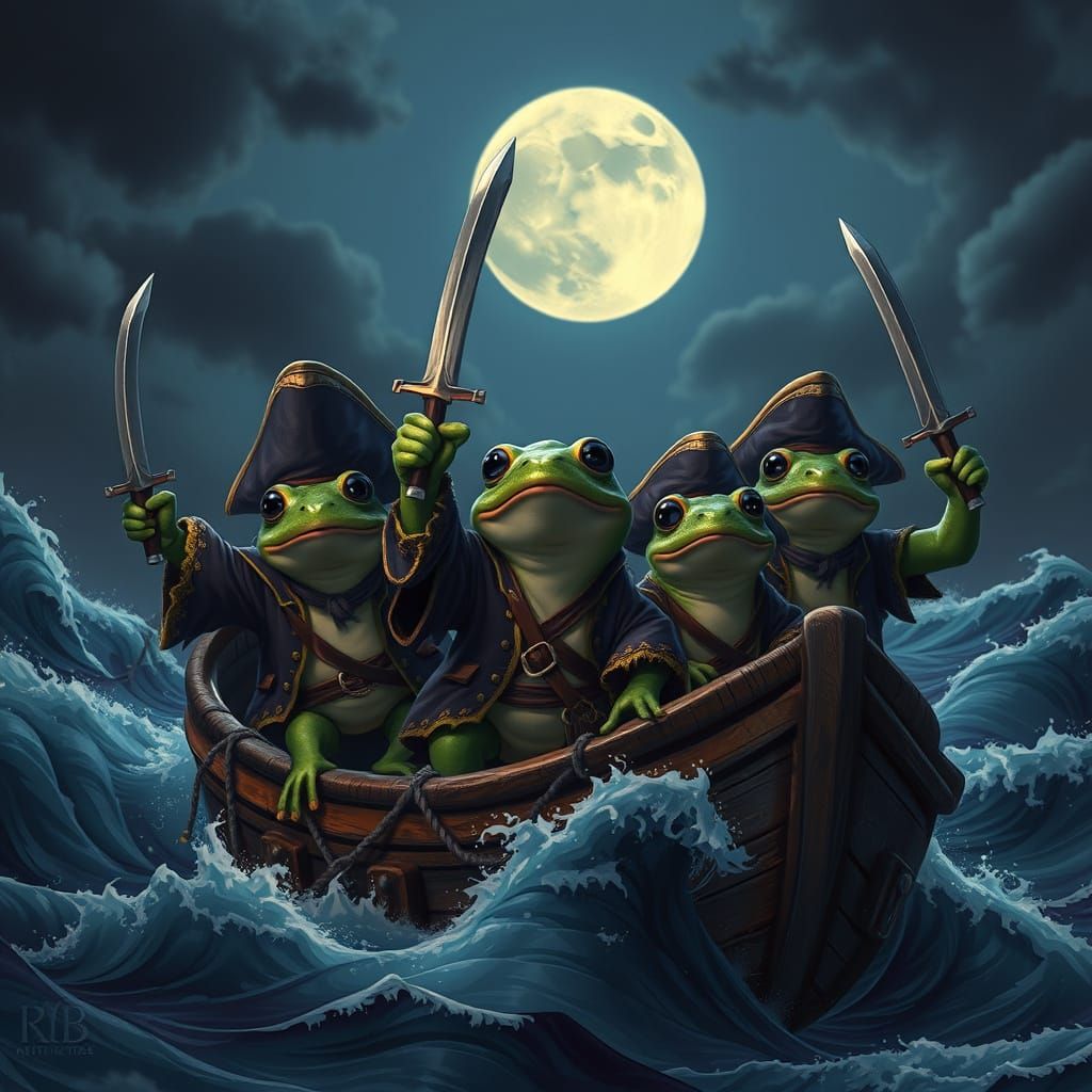Anthropomorphic Frog-Pirates Sail Across a Moonlit Sea