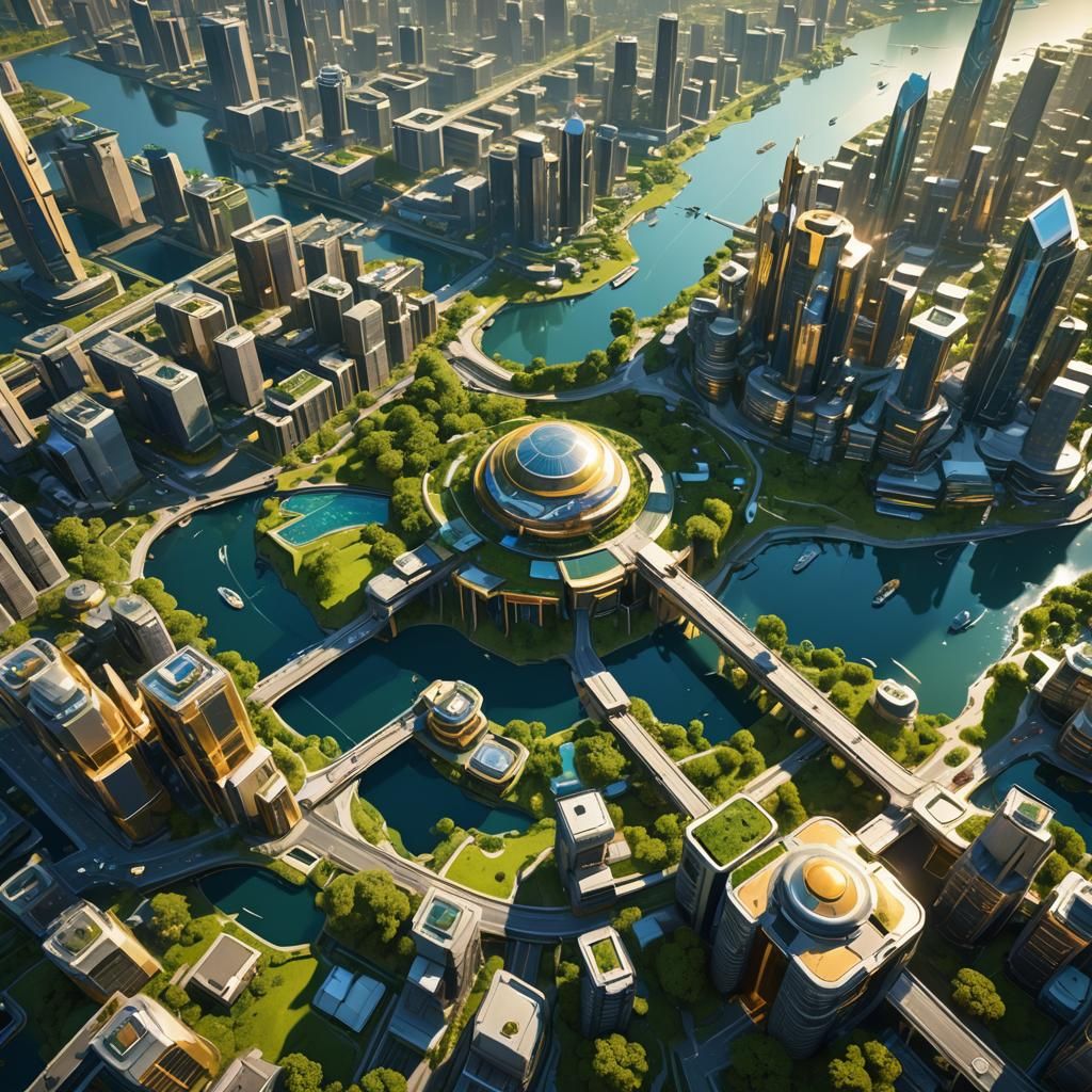 Futuristic Gold City on Island, 3D Game Graphics