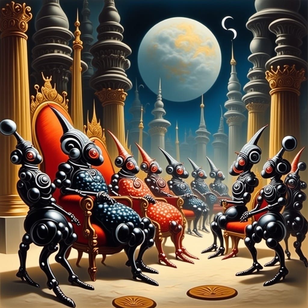 Surreal Robotic Royalty Receive Cosmic News in Vibrant 1920s...