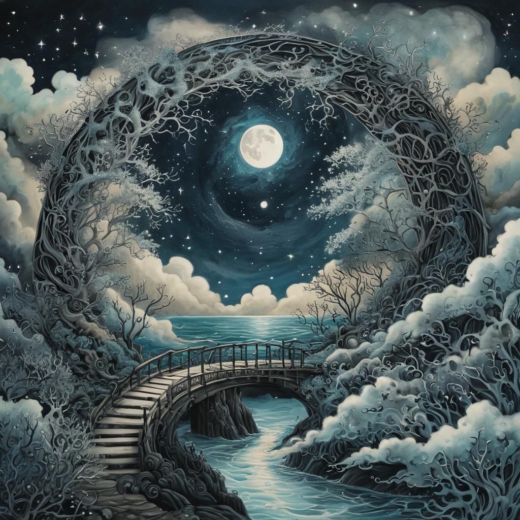 Yin and Yang Ink Art: Moonlit Path