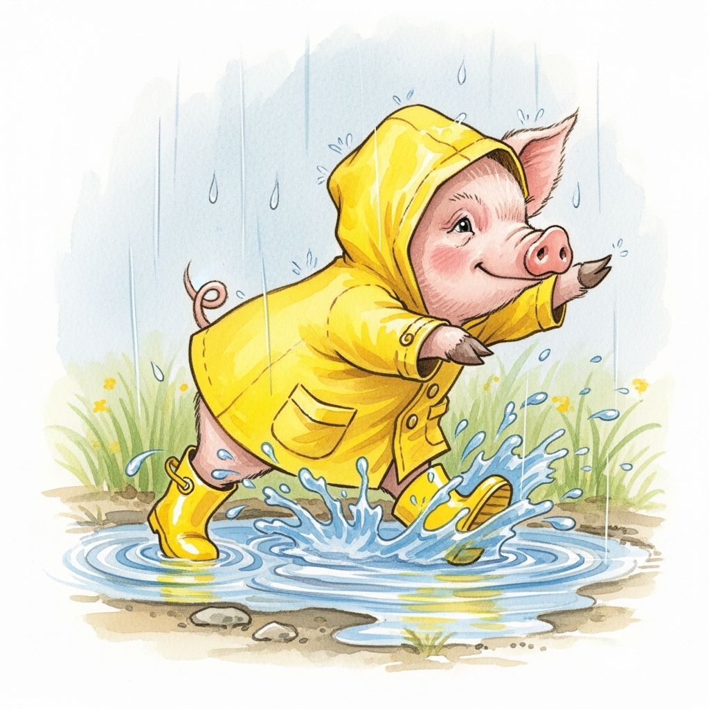 Pig in Raincoat Splashing: Watercolor Illustration