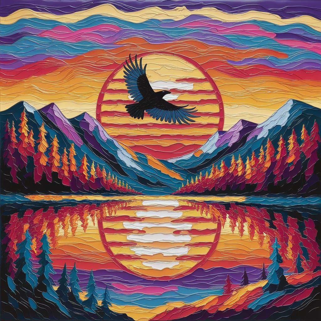 Raven Silhouetted in Sunset Flight Across a Striped Valley L...