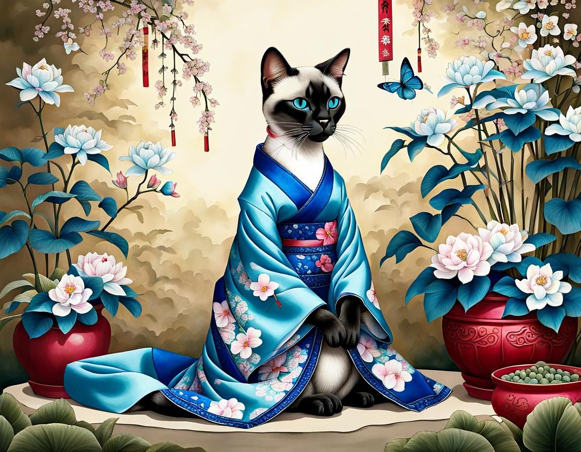 Siamese Cat Geisha in a Flowered Garden