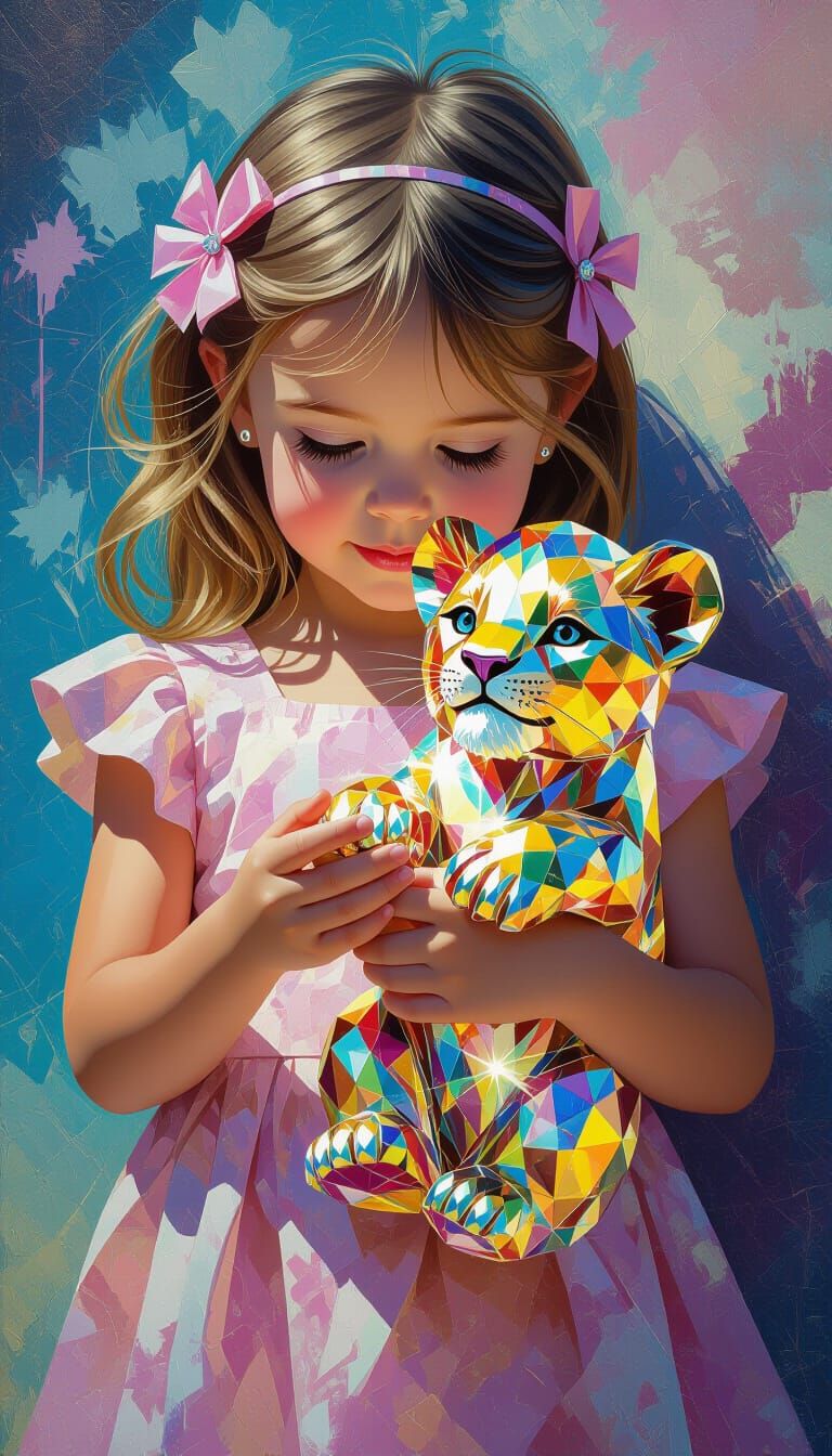 Girl Holding Crystalline Lion Cub in Polychromatic Graffiti ...