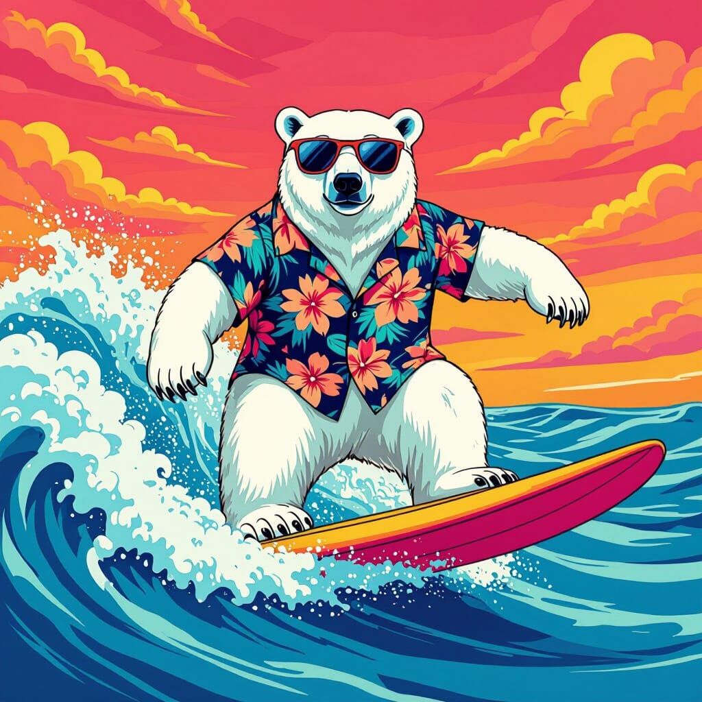 Polar Bear Surfing in Vibrant Pop Art Style