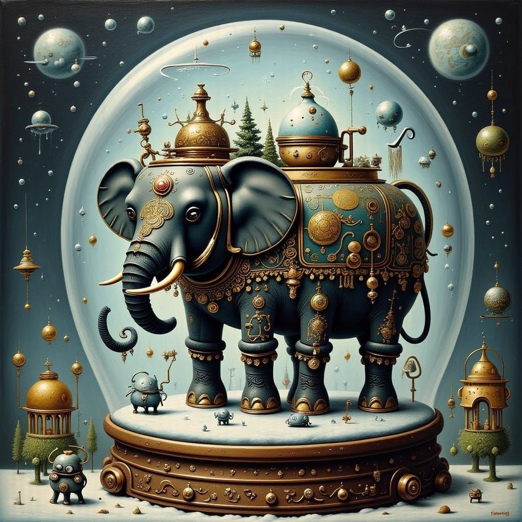 Whimsical Christmas Elephant in Pointillism Art Style