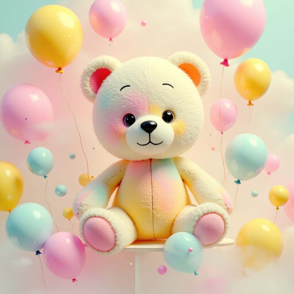 Cute Pastel Teddy Bear with Balloons in 3D Anime Art
