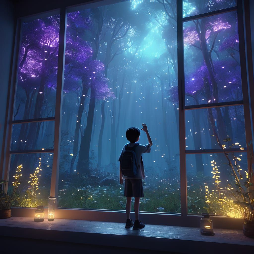 Ethereal Glass Boy Gazing Through a Magical Window